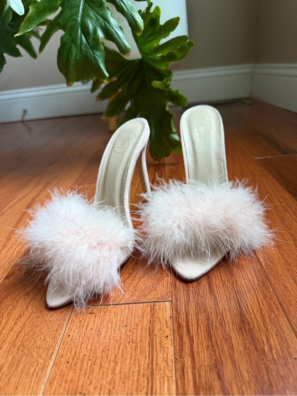 Women's Pale Pink Feather Slide Heels